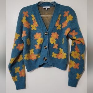 HYFVE‎ Mod Floral V-neck Cardigan Sweater Boho Bright Lagenlook Cottagecore Fun